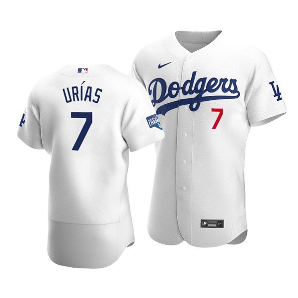 Men's Los Angeles Dodgers #7 Julio Urias 2020 White World Series Champions Patch Flex Base Sttiched Jersey
